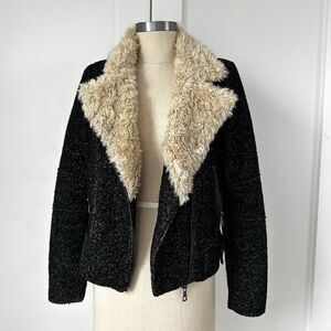 Zara Trafaluc‎ Side Zip Shearling Wool Herringbone Tweed Moto Jacket Womens XS